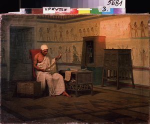 Egyptisk präst läser en papyrusrulle. Målning av Stepan Vladislavovich Bakalovich (1857-1947). Olja på duk, 37 x 50 cm, efter 1903. Rysk konst, sent 1800-tal tidigt 1900-tal. Statens konstmuseum, Irkutsk (Ryssland