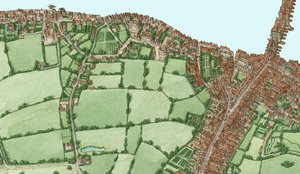 Bankside och Southwark, London, ca 1600-25, 2021 (tusch och akvarell, digital) av Stephen Conlin