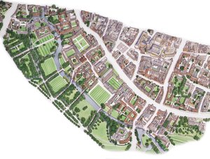 Cambridge Aerial View (ritad 1996), ca 1990-2005 (tusch och akvarell) av Stephen Conlin