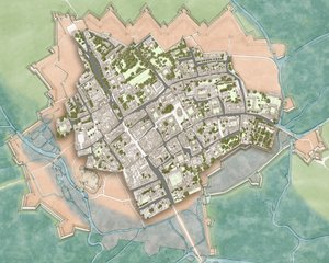 Moderna Oxford över inbördeskrigets försvarsverk, ca 1644-1646 (tusch, akvarell, digital redigering) av Stephen Conlin