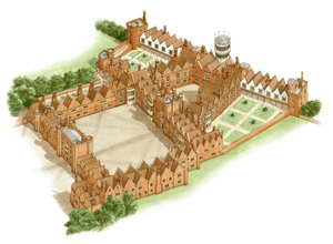 Oatlands Palace, Surrey, ca 1540-1600 (bläck och akvarell)