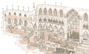 The Quire of Westminster Abbey vid tiden för kung Henrik IV:s kröning 1399, 2023 (bläck och akvarell) av Stephen Conlin