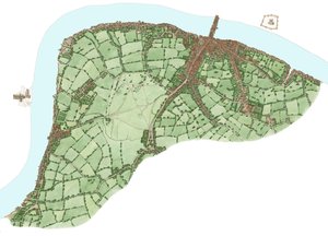 The South Bank, London, mellan Vauxhall och Bermondsey ca 1600, 2021 (tusch och akvarell, digital) av Stephen Conlin