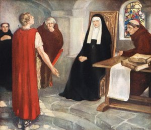 Caedmon före Saint Hilda (färg litho) av Stephen Reid