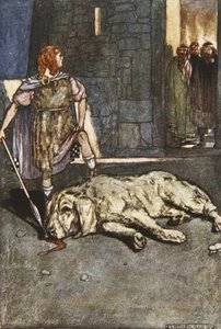 Cuchalain dödar hunden av Culain, illustration från "Cuchulain, The Hound of Ulster", av Eleanor Hull (1860-1935)