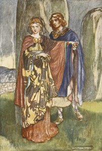Cuchulain pratar med Emer, illustration från "Cuchulain, The Hound of Ulster", av Eleanor Hull (1860-1935) av Stephen Reid