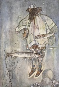 Fergus går ner i sjön, illustration från "The High Deeds of Finn, and other Bardic Romances of Ancient Ireland" av T.W. Rolleston (färg litho) av Stephen Reid
