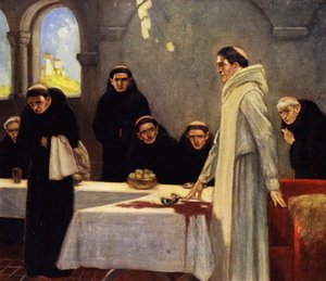 Sankt Benedictus och munkarna (färg litho) av Stephen Reid