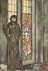 Hon hörde sitt eget namn kallas om och om igen, illustration från "The High Deeds of Finn, and other Bardic Romances of Ancient Ireland" av T.W. Rolleston (färg litho)