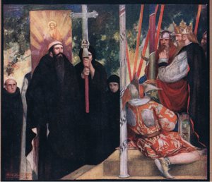 Mottagandet av Saint Augustine av Ethelbert (färg litho) av Stephen Reid