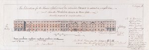 Design för husen på båda sidor av den avsedda gatan att sträcka sig i en höger linje från Mansion-House till More-Gate ödmjukt föreslagen till övervägande, 1762 (wc över penna och grafit på lagt papper) av Stephen Riou