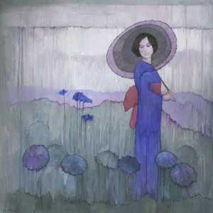 Blå kimono med lotusfält