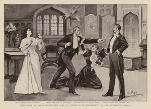 Scen ur pjäsen "En kvinna utan betydelse" av Oscar Wilde (gravyr) av Stewart Browne