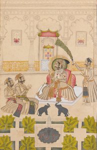 Maharana Amar Singh II visas två silverelefanter, ca. 1705. av Stipple Master