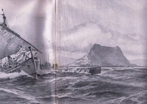Tysk ubåt som reser genom Gibraltersundet på väg till Dardenellerna, från puben The Illustrated History of the World War 1914-1915. av Union Berlagsefellfchaft