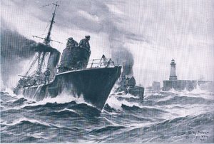 Patrullbåtar och minsvepare som seglar ut ur hamnen i Zeebrugge, från puben The Illustrated History of the World War 1914-1915. av Union Berlagsefellfchaft