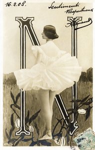 N : Cleopatre Diane de Merode, kallad Cleo de Merode , dansare från la Belle Epoque, utbildad vid Opera de Paris - Theatre des Folies Bergere , Paris - Alfabetet på vykort