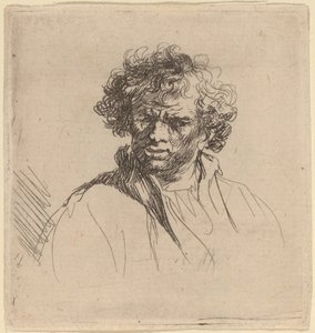 Man med lockigt huvud med sned mun av Studio of Rembrandt van Rijn
