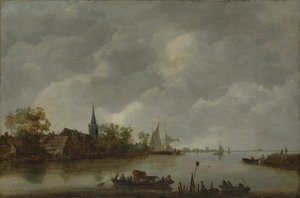 River View med en bykyrka. av Style of Jan van Goyen