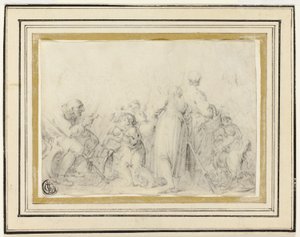 Genrescen med gammal man, bondkvinnor och barn av Style of Jean Baptiste Greuze