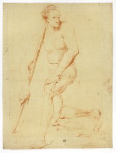 Akademisk man naken lutar sig mot personal av Style of Pompeo Girolamo Batoni
