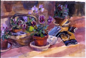 Potting up the pansies, 1996, (gouache på kort)