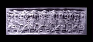 Hanterat cylindertätningsavtryck, Uruk (nu Warka, Irak), c.3300-3000 f.Kr. (gips)