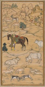 Akbar Mounting his Horse, sida från Chester Beatty Akbar Nama History of Akbar, 1605-07. av Sur Das Gujarati