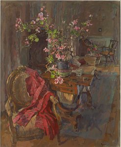 Röd kappa med geranium av Susan Ryder