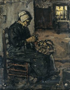 Bondekvinna som skalar potatis