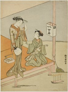 En kurtisan och hennes skötare på Riverside Teahouse Iseya av Suzuki Harunobu