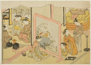 A Cup of Sake before Bed (Toko sakazuki), det sjätte arket i serien "Marriage in Brocade Prints, the Carriage of the Virtuous Woman (Konrei nishiki misao-guruma)" av Suzuki Harunobu