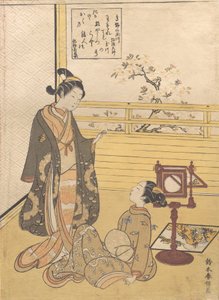 En tonårspojke och flicka med en tittare för en optisk bild Nozoki-karakuri, Kobo Da..., ca. 1788. av Suzuki Harunobu