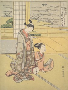 A Young Man and Woman with a Shamisen, Monk Saigyo, från en serie som anspelar på The Thre..., ca. 1768. av Suzuki Harunobu