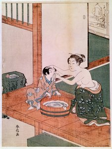 En naken mamma tvättar sitt barn i Japan nära en bassäng fylld med vatten. Tryck av Haronobu Suzuki (1725 -1770). 1766-1768. Dämpa. 0,27x0,201 m. Paris, Guimet-museet, Nationalmuseet för asiatisk konst
