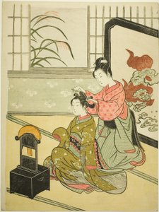 Autumn Moon in the Mirror (Kyodai no shugetsu), från serien "Eight Views of the Parlour (Zashiki hakkei)" av Suzuki Harunobu