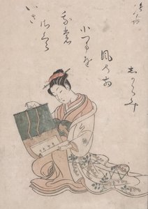 Beauty Unrolling Scroll, ca 1770 (träsnitt i färg på japanskt papper) av Suzuki Harunobu