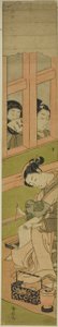 Courtesan som skriver ett brev som två män tittar genom ett fönstergaller av Suzuki Harunobu