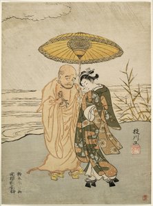 Daruma och en ung kvinna i regnet av Suzuki Harunobu