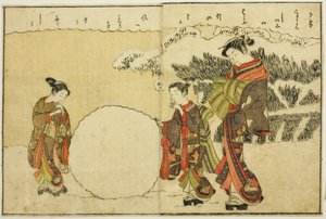 Dubbelsidig illustration från Vol. 1 av "Picture Book of Spring Brocades (Ehon haru no nishiki)" av Suzuki Harunobu