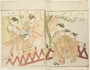 Dubbelsidig illustration från Vol. 2 av "Picture Book of Spring Brocades (Ehon haru no nishiki)" av Suzuki Harunobu