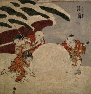 Fyra pojkar gör en snöboll, ca 1768 (träblock i färg) av Suzuki Harunobu