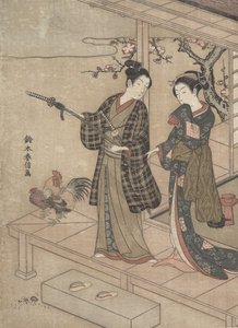 Gentleman tar avsked av sin fru på en veranda. av Suzuki Harunobu