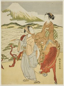 Stannar upp för att beundra Fuji-berget (parodi på Ariwara no Narihiras resa österut) av Suzuki Harunobu