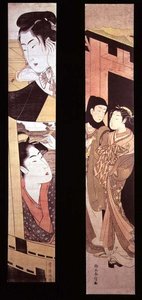 The Assignation: Two Lovers at a Gate, c.1768 (trätryck i färg) av Suzuki Harunobu