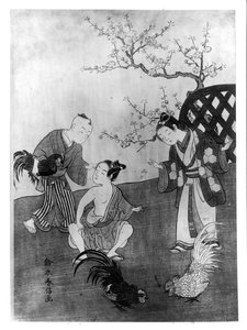 The Cockfight (träblocktryck) av Suzuki Harunobu