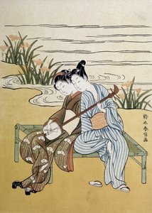The shamisen: par som spelar shamisen (eller samisen: långärmad lut med tre strängar) - av Harunobou, i "Japan artistique"", juli 1890 av Suzuki Harunobu