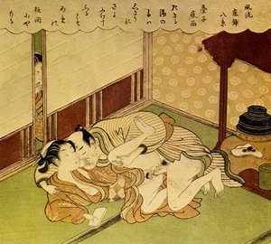 Two Lovers Shunga - erotiskt träklosstryck, ca. 1750