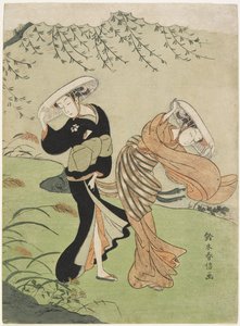 Två kvinnor i stark vind, ca. 1767 av Suzuki Harunobu