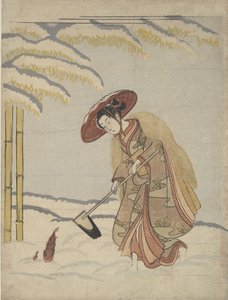 Woman Digging Bamboo Shoots in the Snow, eller parodi på Meng Zong Moso, från Twenty-Fo..., ca. 1765. av Suzuki Harunobu